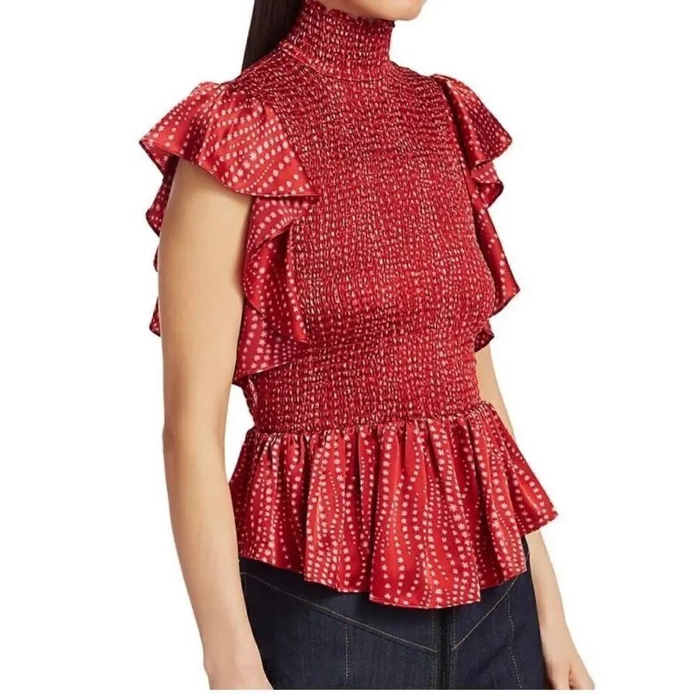 Cinq A Sept - Red Floral Silk Satin "Kimiko" Smocked Ruffle Top Sz XL